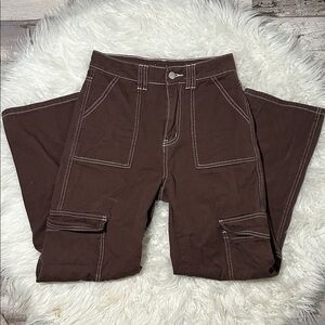 SHEIN Womans Brown Cargo Pants with White Stitching
